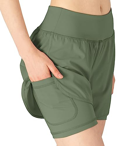 donhobo Womens Running Gym 2 in 1 Sports Shorts with Pockets,Breathable Quick Dry Fitness Shorts for Workout Training Yoga Jogging Pilates Green M