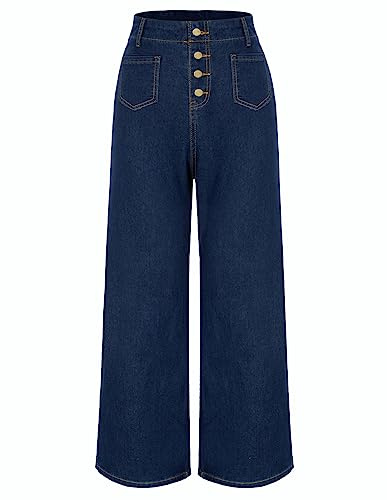 Belle Poque Women Stretchy Jeans Wide Leg Button Up High Waist Formal Business Trousers Dark Blue XL