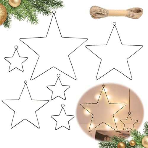 Abnaok 6 Stück Metallstern Schwarz Weihnachten, 1er 30/25/20 cm & 3er 10cm Metallsterne zum Hängen mit 10m Juteschnur, Metallsterne Weihnachtsdeko Hängend