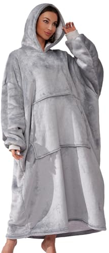 Michorinee Hoodie Decke Extra Lang Sherpa Tragbare Decke als Geschenke für Frauen Herren - Übergroße Decken Hoodie Weiche Warme Fleece Flanell Kuscheldecke mit Ärmeln und Tasche Grau