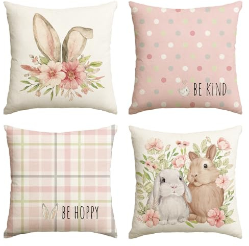 Artoid Mode Lot de 4 housses de coussin roses avec oreilles de lapin et fleurs de lapin, 45 x 45 cm, rayures et pois, printemps, décoration pour canapé, salon