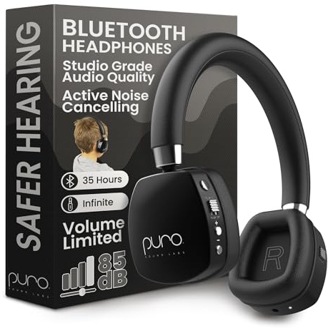 Puro Sound Labs PuroQuiet Plus Lautstärkebegrenzte On-Ear Active Noise Cancelling Bluetooth Kopfhörer – Leichte Kopfhörer für Kinder mit eingebautem Mikrofon – Sicherer Sound (Schwarz)