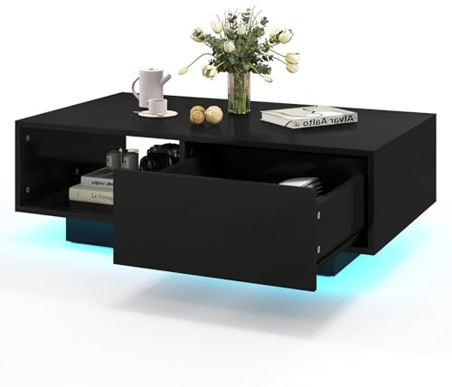 COSTWAY Couchtisch mit LED Beleuchtung, Wohnzimmertisch Hochglanz mit 20 Lichtfarben, Beistelltisch mit Schublade & Stauraum, Kaffeetisch Sofatisch rechteckig für Wohnzimmer, 95 x 55 x 31cm (Schwarz)