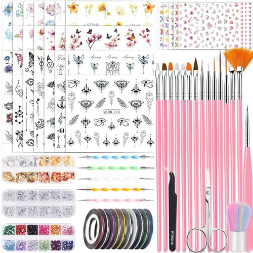53 Blätter Nagelsticker, Nail Art Pinsel und Dekorationen Set, 15 PCS Pinsel, 5 PCS Dotted Pens, Strasssteine, Blattgold für Nagelkunst, Nagel Pailletten, Nagelkunstwerkzeuge und Dekorationssets