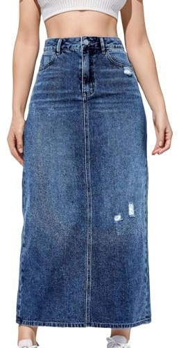 Tkukkwr Jupe longue en jean pour femme - Jupe d'été évasée avec trous déchirés - Jupe longue décontractée droite avec poches - Jupe longue en jean extensible - Longueur cheville