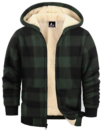 zitysport Boy Fleece Jacket Kids Winter Plaid Fleece Full-Zip Hoodie Fleece Lined Sherpa Sweatshirt Boy's Jacket Soft Warm Hooded Flannel Jacket for Children (M, Green)