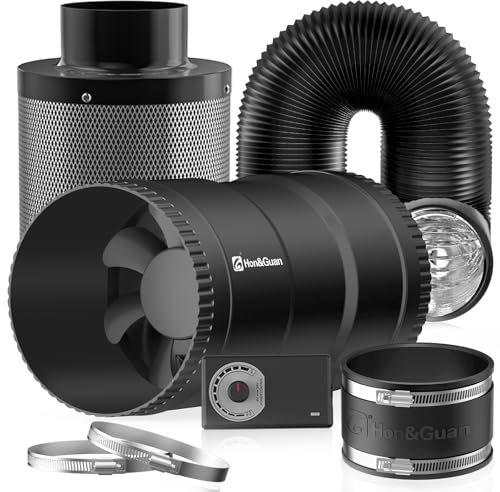 Hon&Guan 100 mm 221 m³/h Set di Ventilazione, Include Ventilatore a velocità Regolabile, Filtro al Carbone, Tubo Flessibile, Connettore in Gomma, per Tenda 60 x 60 cm, 80 x 80 cm