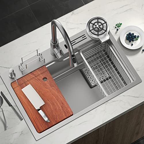 Einbauwaschbecken mit Einzelbecken, handgefertigt, Küchenspüle aus Edelstahl SUS304, Seifenspender, Abflusskorb, Abflusssieb-Set für moderne Küchenspüle (Farbe: Silber, Größe: 65 x 45 cm)