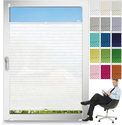 Faltrollo, Sichtschutz Plissee Klemmfix Rollos 40 x 195 cm, Nach Maß Qualität Ohne Bohren, Wabenplissee Raffrollo Ohne Bohren, Jalousie Easyfix Faltrollo, für Fenster & Tür, Weiß