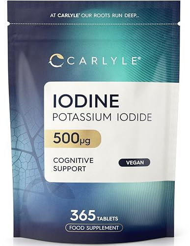Iodine Tablets 500mcg | 365 Vegan Tablets - 1 Year Supply | High Strength Potassium Iodide Supplement | Trace Mineral | by Carlyle