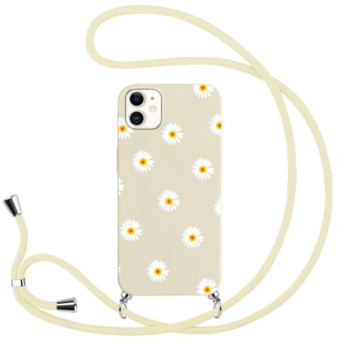 Yoedge Handykette Handyhülle für iPhone 12 / iPhone 12 Pro Hülle mit Band 6,1, Blumen Muster Design Aesthetic Schutzhülle mit Kordel zum Umhängen Stoßfest TPU Weiß Silikon Kette Cover, Gänseblümchen