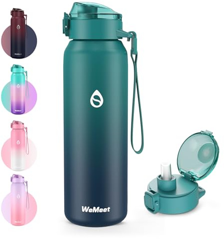 WEMEET 18/10 Edelstahl Trinkflaschen mit Abnehmbarem Strohhalm, 500ml Auslaufsicher Doppelwandig Thermoskanne mit Tritan Deckel, für Kinder, Outdoor, Arbeit, Fitness, Fahrrad, Schule(Blau Blau)