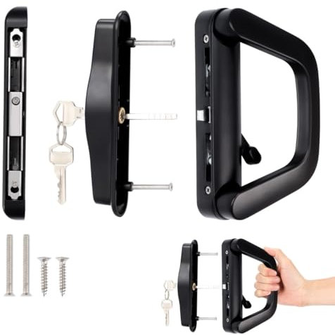 Chewtoyo Maniglia per porta con serratura a mortasa, maniglia di ricambio per porta patio, set di maniglie per porte scorrevoli con cilindro chiave, set di serratura per porte di spessore da 0,75 a