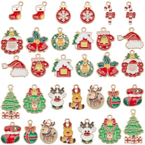 SUNNYCLUE 1 Box 64 Stück 16 Stile Metall Weihnachtsanhänger Emaille Anhänger Großpackung Verschiedene Goldene Legierungen Schneemann Schneeflocke Liebesbäume Socken Glöckchen Anhänger Zum Schmuckmache