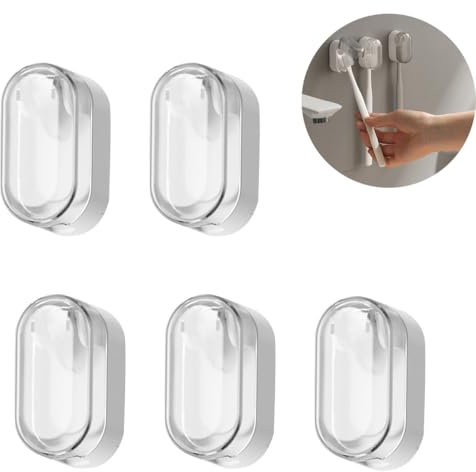 5-teiliger Zahnbürstenhalter an der Wand montiert mit Abdeckung,2 in 1 Zahnbürstenhalter Halter und Abdeckungen, tragbarer Zahnbürstenhalter Lagerung für Badezimmer Küchen für alle Zahnbürsten (White)