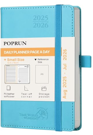 POPRUN Jahresplaner 2025 2026 16 x 10,5 cm, Tageskalender A6 1 Tag 1 Seite (Montag - Sonntag), Terminplaner (Aug.2025-Jul.2026) Softcover mit PU-Leder - Blaugrün