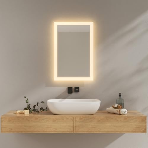 EMKE Badrumsspegel med belysning, 40 x 60 cm, badrumsspegel, 3 000 K, varmvit, väggströmbrytare, vertikal eller horisontell installation, explosionssäker IP44-spegel, energibesparande