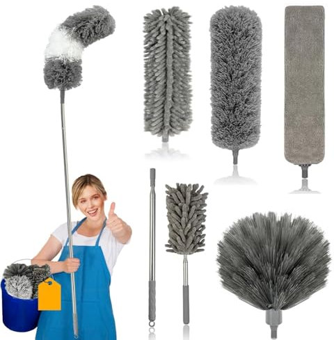 Feather Duster,7 Pcs Reusable Bendable Washable Cobweb Cleaning Brush with Extension Pole 15-84 Inch,Retractable Gap Dust Brush Cleaner Long Duster for Cleaning High Ceilings and Fans, Furniture