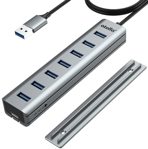 Atolla 7 Port Hub USB 3.0 vec Design Montable sur Bureau en Aluminium-Multiprise USB 3.0 5Gbps avec 100cm Câble, 5V/3A Type-C pour PC, Ordinateur Portable, MacBook, Souris, Clavier, Disque Dur, etc.
