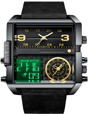 RORIOS Orologio Multifunzione Digitale da Uomo Orologio da Polso Moda Quadrati Quarzo Orologi Display Analogico Elettronico con Quadrante Grande Nero B