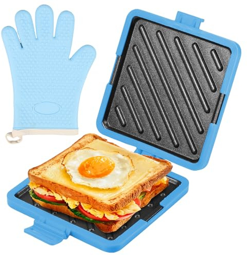 Sesaver Non-Stick Silicone Microwave Toastie Maker | Sandwich Press with Heatwave Technology, Dishwasher Safe Microwave Cookware for Crispy Paninis (Blue with Gloves)