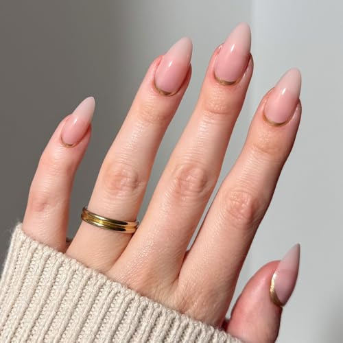 Glamnetic Press On Nails - Goal Getter | Medium Almond Fake Nails and Neutral Gold Reverse French Tip, Everyday, Reusable | 15 Sizes - 30 Nail Kit Wtih Glue