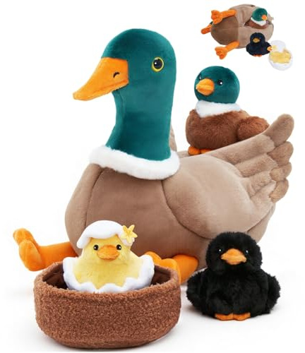 OUOZZZ 28cm Duck Plush Mummy and Babies, Family Set with 3 Inside | OUOZZZ Mama duck with 3 baby in belly pocket;washable super soft & safe plush fabric;perfect animal family set gift for kids