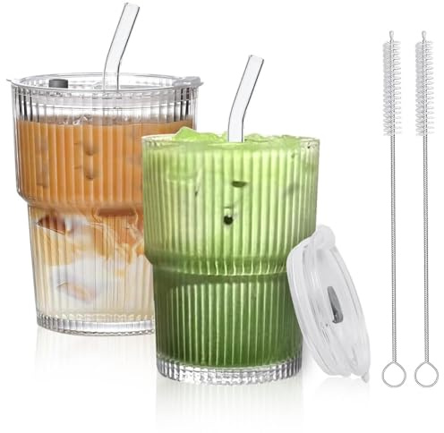 GTJEOI 2 Stück 400ml Glasbecher mit Deckel und Strohhalm, Smoothie Becher aus Glas, Eiskaffee Gläser, Luftdicht Wasserdicht Design Trinkbecher, Geriffelte Glasbecher für Saft Wasser Tee Milch