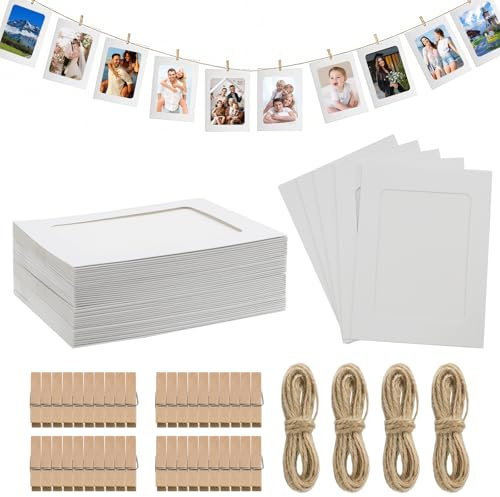 Erzekrim 40 Stück Fotogirlande, DIY Papier Bilderrahmen 15.5X 11.5 cm Weiß Fotorahmen aus Pappe, mit 40 Stück Holzklammern 4 Stück Hanfseil, für Geburtstag Hochzeit Party Jubiläum Deko