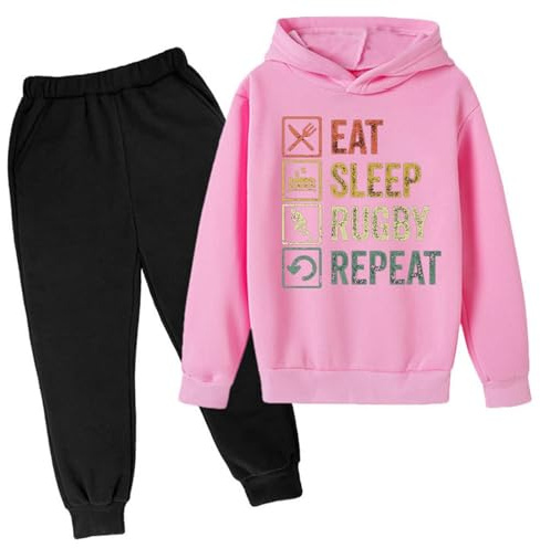 Ensemble sweat à capuche et pantalon de survêtement 2 pièces pour filles - Ensemble de survêtement décontracté pour l'automne et les tout-petits - Mangez dormir, rugby, répétition - Ensemble de