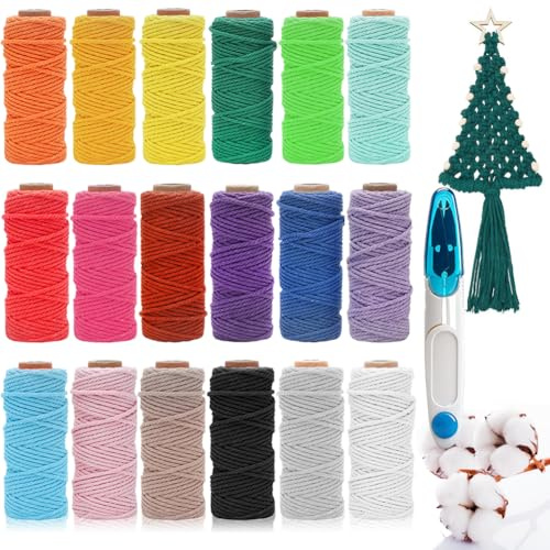 RANJIMA Makramee Garn 2mmx30m, Makramee Set mit Schere, Baumwollgarn zum Häkeln, Bunt Baumwollkordel Weihnachten Deko, Natur Baumwolle Makramee Zubehör für DIY Handwerk Boho Wandbehang Deko (18 Stück)