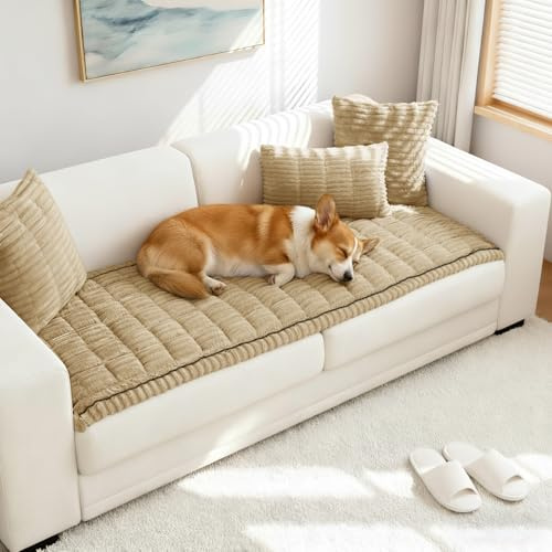 LUSCHEER Sofa Covers 2 3 4 Seater, Soft Corduroy Couch Slipcover, Khaki | Non-Slip Universal Washable Furniture Protector, Corner Sectional Sofa Cushion Cover for Pet Dog Cat, Living Room, 70x150cm