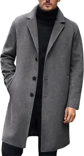Goolecrimp Cappotto elegante da uomo per ufficio lungo autunno e inverno in lana con colletto monopetto lungo fino al ginocchio giacca a vento da lavoro (grigio scuro,L)