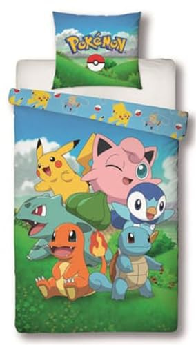Parure de Lit Enfant Pokémon, Lit 1 Place, Imprimée Réversible avec Pikachu, Salamèche et Carapuce