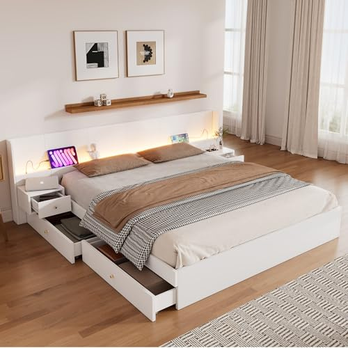 Oxtao Set completo per camera da letto, 180 x 200 cm, letto matrimoniale con interfaccia USB, illuminazione a LED e presa, controllabile tramite app mobile, 2 comodini, con ripiano per cassetti