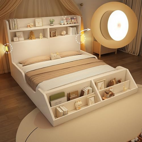 TOBIDOEN Cama de madera para cama doble de 140 x 200 cm, cama infantil con estantes para cabecero + estantería extraíble, estructura de cama con somier, tablero de partículas + madera maciza, color