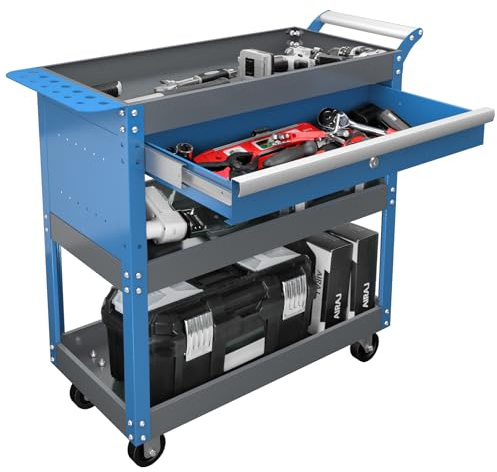 Carrello Porta Attrezzi con Ruote a Tre Livelli AIRAJ,Carrello Officina con Cassetti,Carrello Attrezzi Adatto per Garage, Officine, Magazzini e Officine,Carrello da Officina,Blu