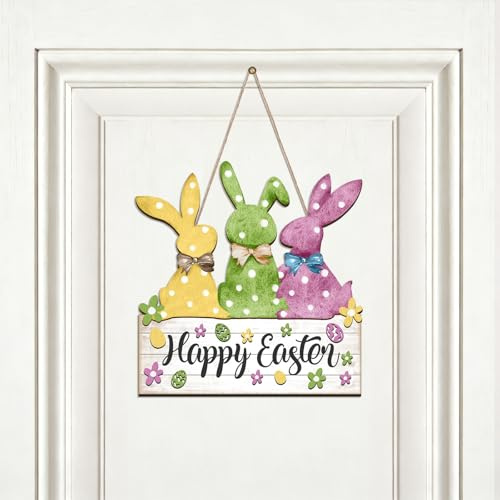 DIELOVEHUA Decoración de Puerta de Pascua, Cartel de Bienvenida de Pascua, Cartel de Puerta Conejo de Pascuas, Cartel de Madera Decorativo, para Puertas Ventana y Jardín, Decoración de Primavera (B)