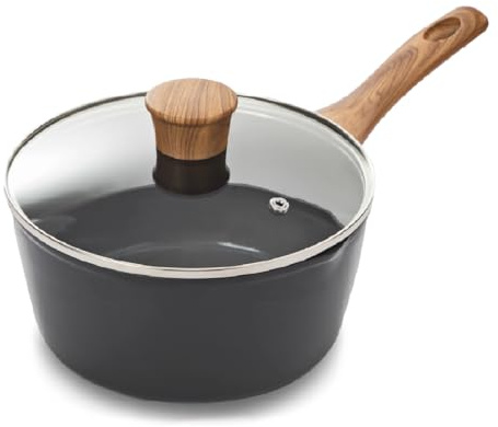 Blackmoor 20cm Saucepan with Tempered Glass Lid/Wood Effect Bakelite Handle/Non-Stick Ceramic-Coated Pan, PFAS-Free, Suitable for All Hob Types/Sherwood Classic Range 65289