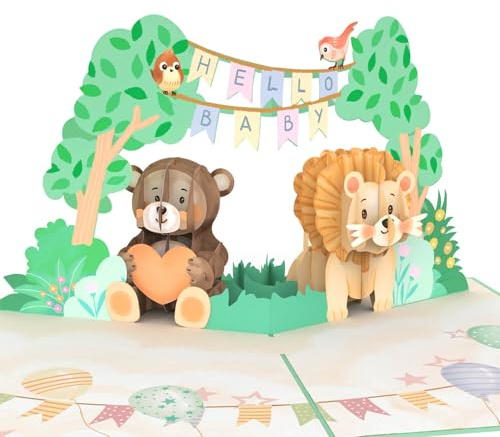 papercrush® Biglietto pop-up per nascita Hello Baby con animali – Biglietto di nascita 3D neutro per ragazze e ragazzi, congratulazioni per il bambino, biglietto di auguri e regalo in denaro per