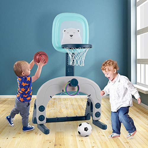 Hello-5ive Juego de canasta de baloncesto para niños, 3 en 1, altura ajustable, soporte de baloncesto y portería de fútbol y juego de lanzamiento para niños pequeños, deporte para niños y niñas