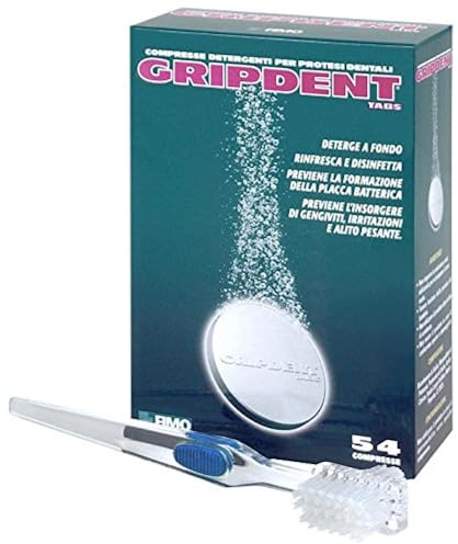 Gripdent Tabs 54 - Compresse disinfettanti + spazzolino puliscidentiera - Disinfetta e sbianca dentiere, bites, paradenti, apparecchi ortodontici e dispositivi per l'apnea notturna