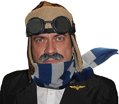 Adults Ve Day 1940s Aviator Fancy Dress Set - Brown Aviator Hat Ww2 Pilot Fancy Dress Cap Distressed Leather Look Fancy Dress Accessory - Striped Scarf, Hat and Goggles (Blue/grey)