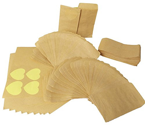 6*10cm 100Stück Kleine Mini Papiertüten Papierbeutel Kraftpapier Kraftpapierbeutel Süßigkeitstasche Samentüten Geschenktüten+120Stück Herzförmiger Kraftpapier-Aufkleber