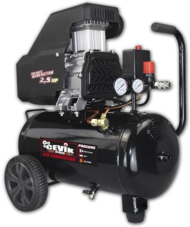 CEVIK PRO - CA-PRO26NG - Compresor Aire Portatil Monoblock - 92 dB - 24L - 2.5HP - Máx 9 Bar - 246 l/min - Sin Aceite - Dos Salidas Aire - Compacto y Portátil - Compresor de Pintura y Neumática