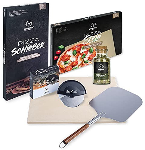 MOESTA-BBQ 10596 Pizza Home-Kit für Küche/Backofen - Set 4.TLG: Pizza-Stein, Pizza-Rad, Pizza-Schieber, Pizza-Gewürz