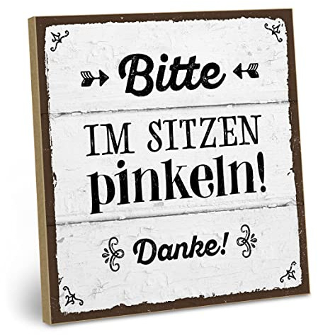 ARTFAVES® Wandbild Holzschild mit Spruch - Bitte im Sitzen pinkeln! - Türschild Retro Vintage Deko Bild Geschenk - Bad, Badezimmer, WC, Toilette, witzige Sprüche