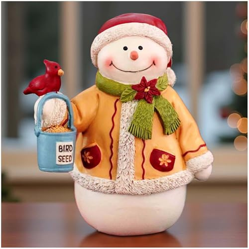 PlentifulHome Snowman Figurine Christmas Decorations Indoor – Resin Snowman with Bird & Seed Bucket, Winter Tabletop Christmas Home Decor, Cute Seasonal Ornament for Holiday Display