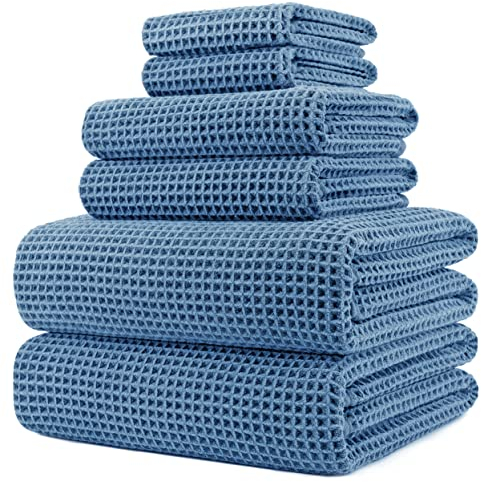 POLYTE Microfibre Oversize, 76 x 152 cm, Quick Dry Lint Free Bath Towel Set, 6 Piece (Blue, Waffle Weave)