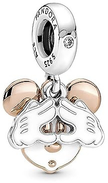 Pandora Disney Mickey Mouse sterling silver and 14k rose gold-plated double dangle with clear cubic zirconia and white enamel